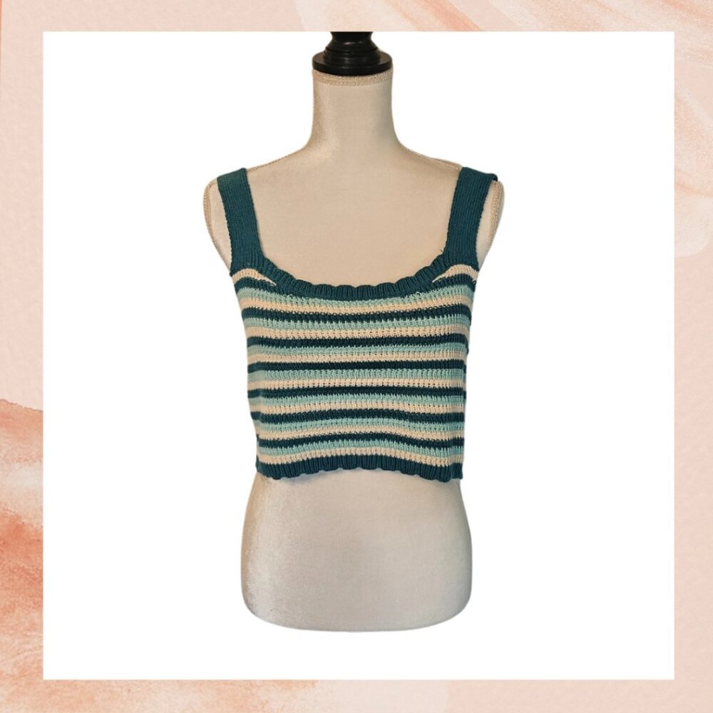 Dark Teal Striped Cropped Knit Tank Top